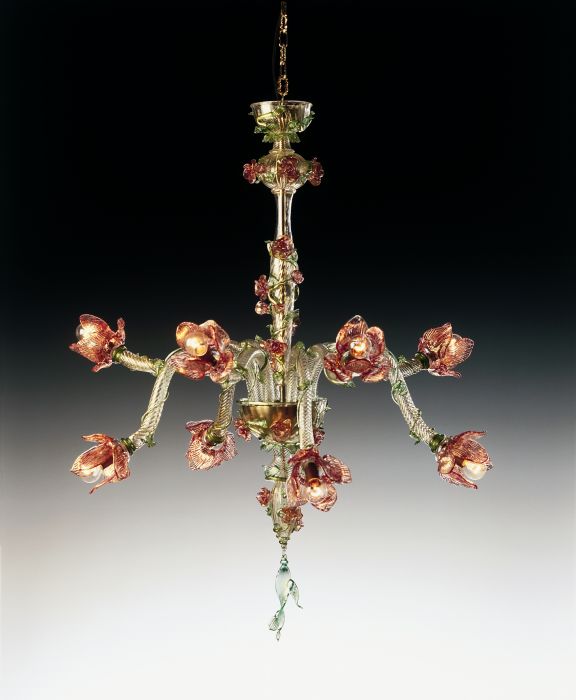 Murano Chandelier with Hand Blown Ruby and Gold Decorations