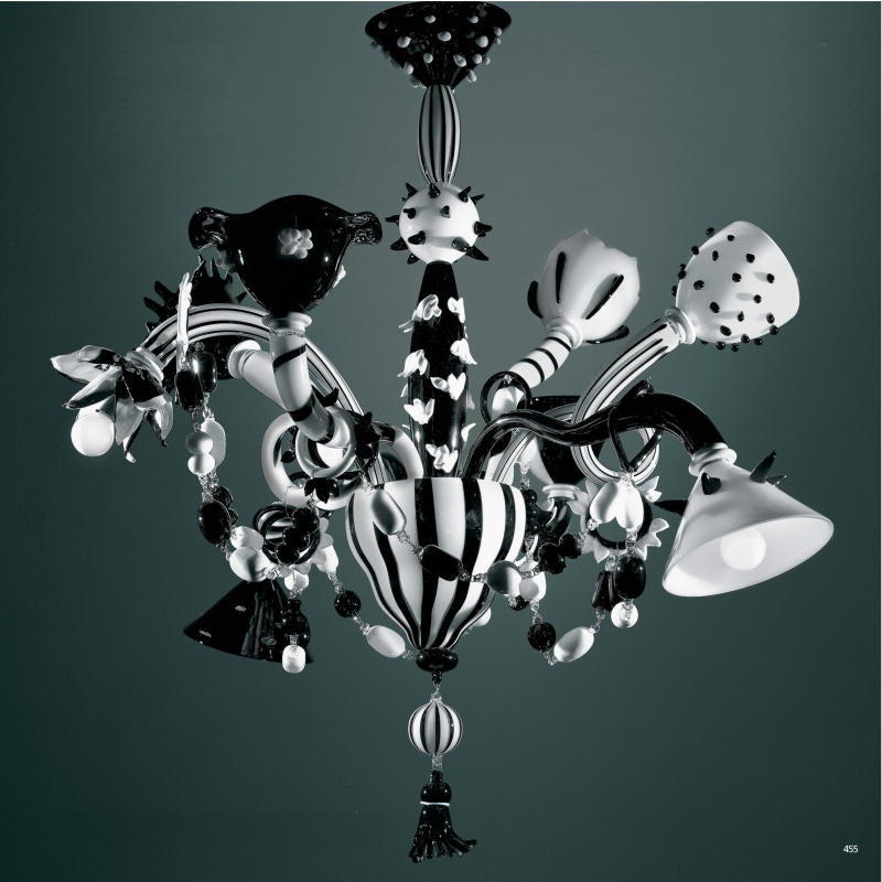 Unconventional modern Venetian glass art chandelier in black and white