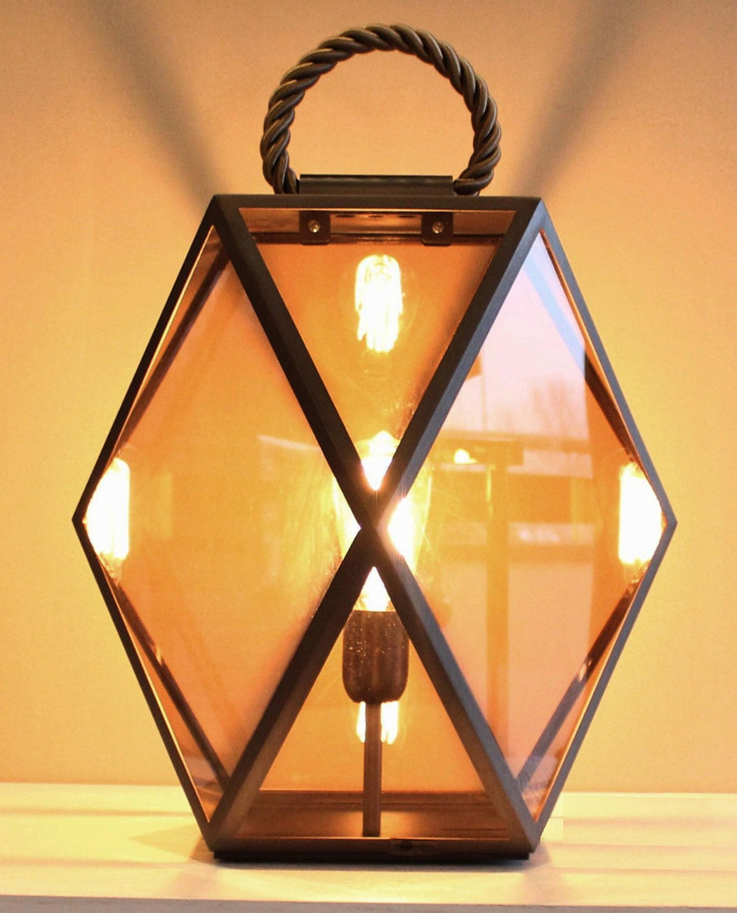Modern Italian lantern style table lamp with satin bronze frame