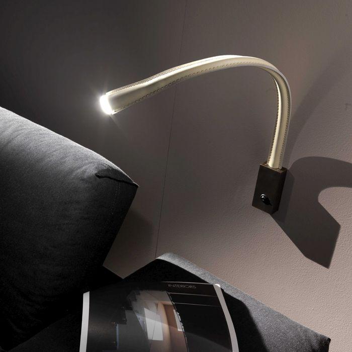 Flexible wall-mounted Italian reading lamp in white, brown, or black leather