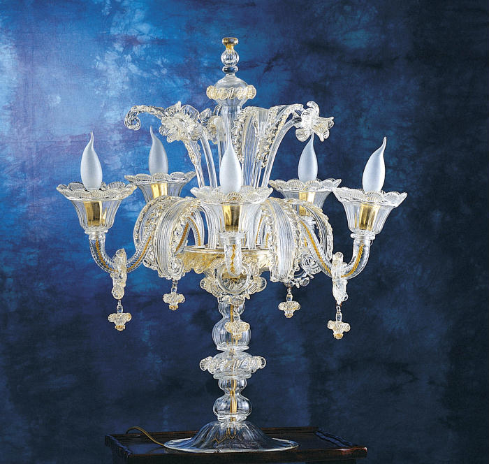 Exquisitely-detailed Venetian flambeau-style lamp in clear Murano