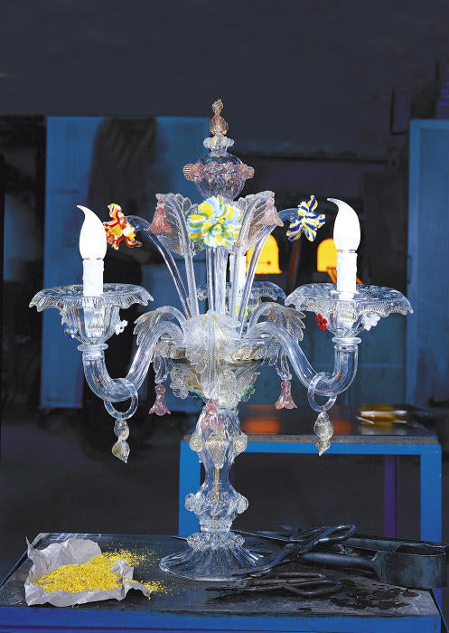 Extravagant Venetian flambeau table lamp with flowers in custom colors