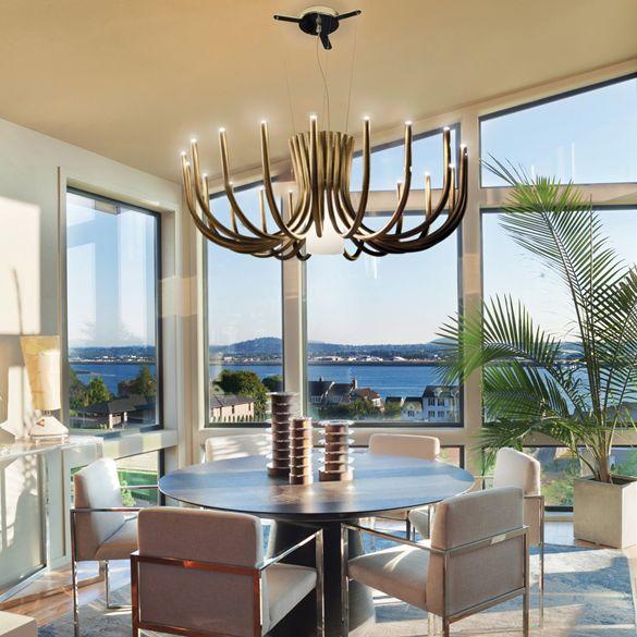 Understated large modern chandelier in black nickel or bronze with white glass diffusers