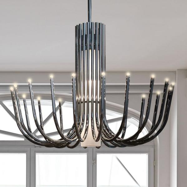 Understated large modern chandelier in black nickel or bronze with white glass diffusers