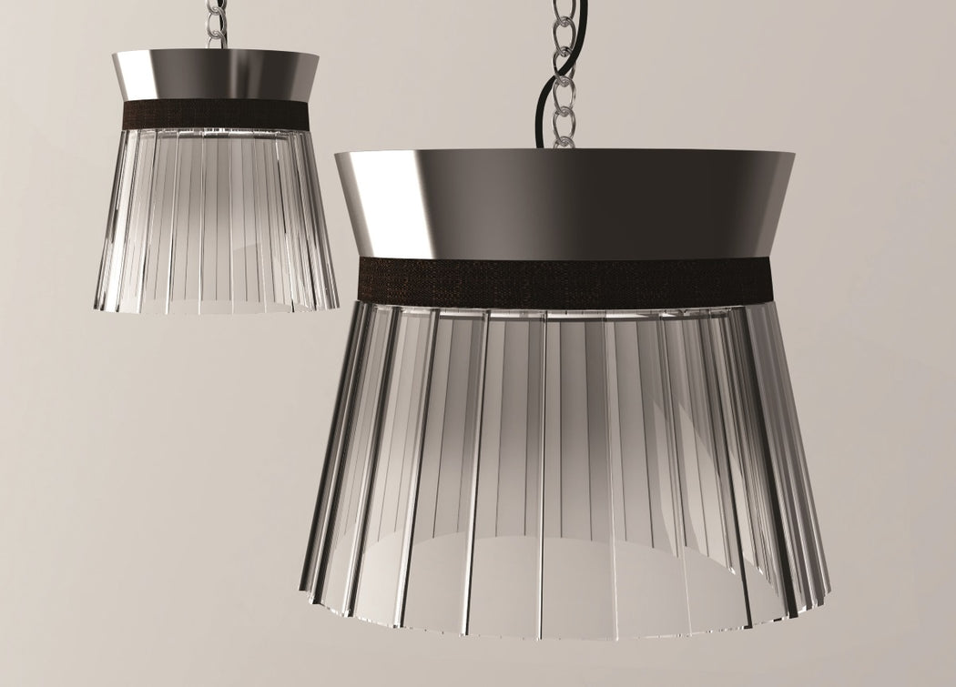 Modern grey or bronze pleated glass pendant light with coloured leather "belt"