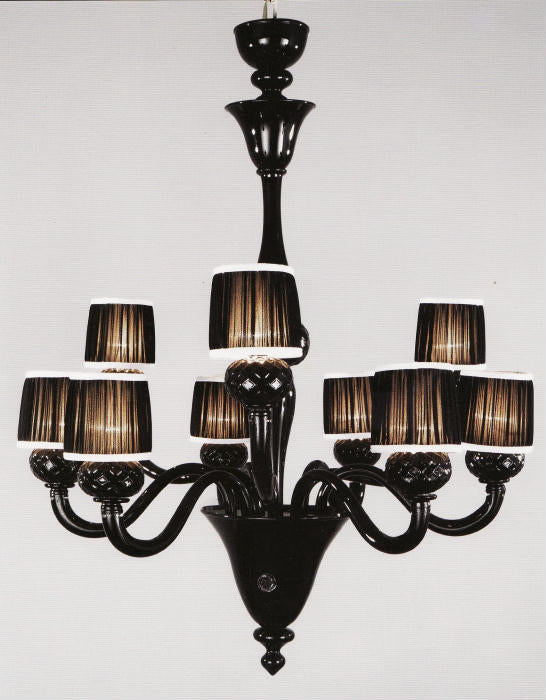 Two-tiered Venetian glass chandelier in dramatic black with nine lights