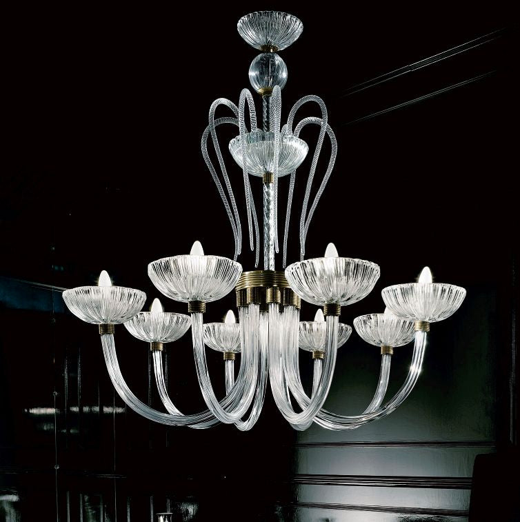 Handblown clear Venetian glass chandelier in an updated deco style