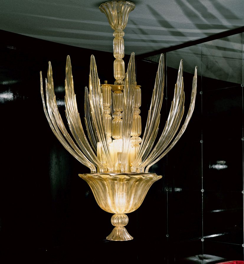 Impressive large hanging light with gold & clear Murano glass