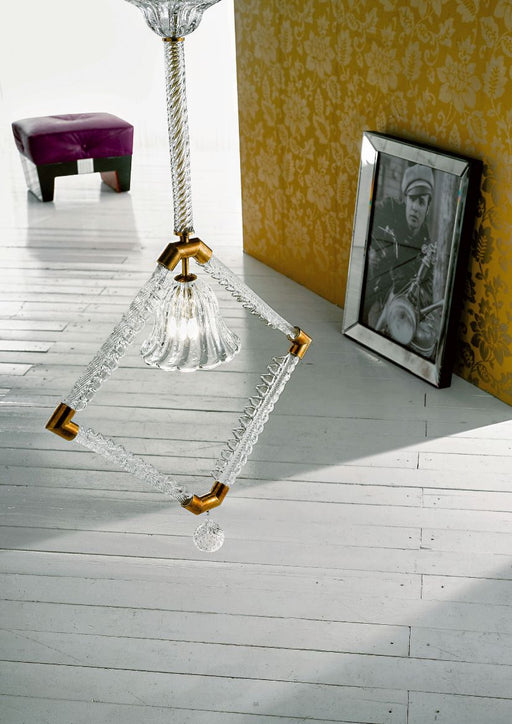 Unusual large modern Venetian hanging light with warm brass and glass frame