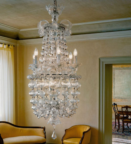 Tall ornate Italianate-style Murano glass stairwell chandelier in clear glass