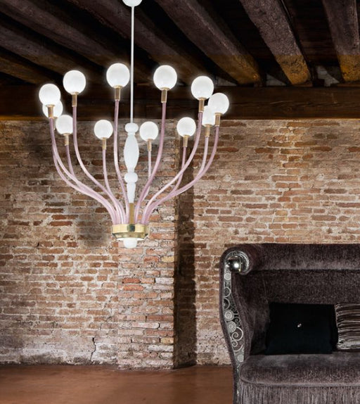 Large contemporary brass globe chandelier with Venetian glass spheres