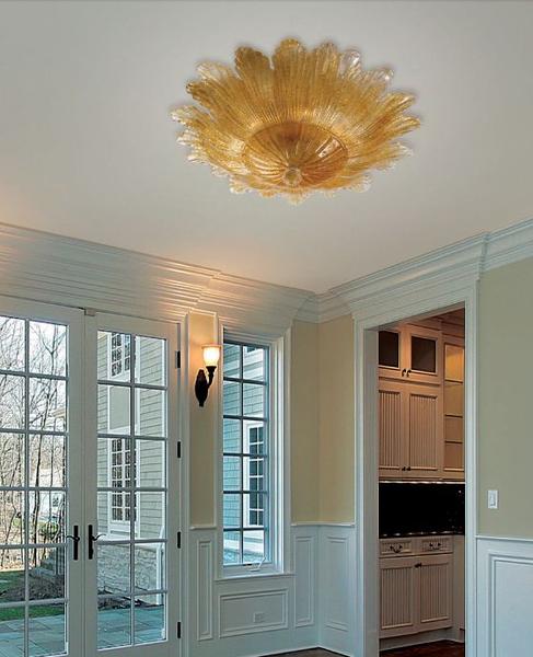 Amber or clear Murano flush ceiling light with classic leaf design in 3 sizes