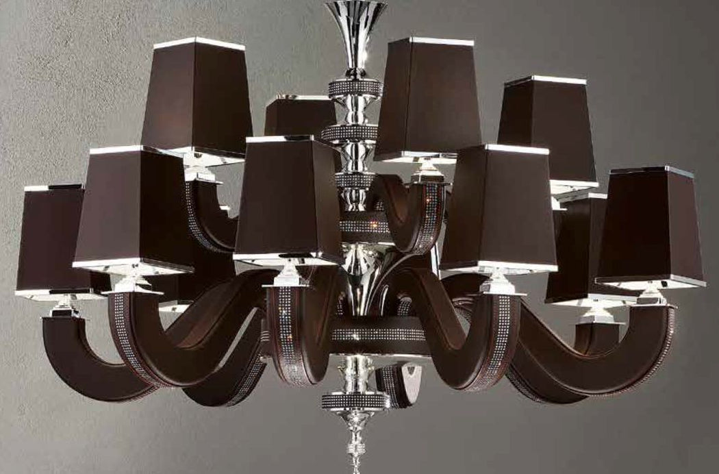 Modern 12 light Italian chandelier with black, red, white, or brown  eco-leather finish