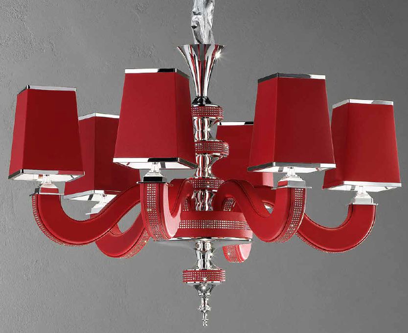 Modern 6 light chandelier with black, red, white, or brown coloured eco- leather finish