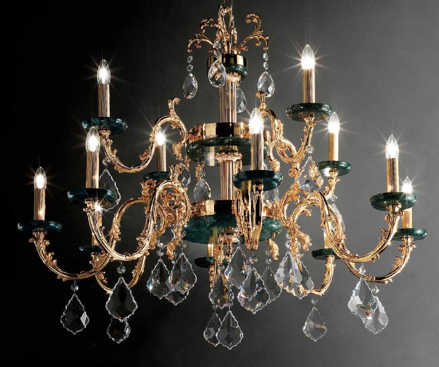 Fine gold or silver Italian chandelier with green or pink marble candle cups