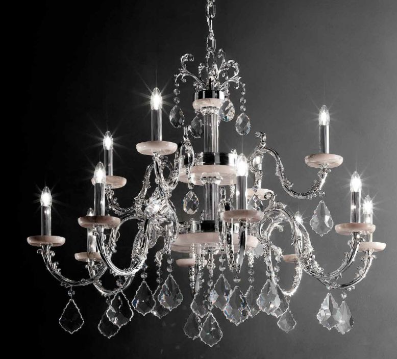 Fine gold or silver Italian chandelier with green or pink marble candle cups