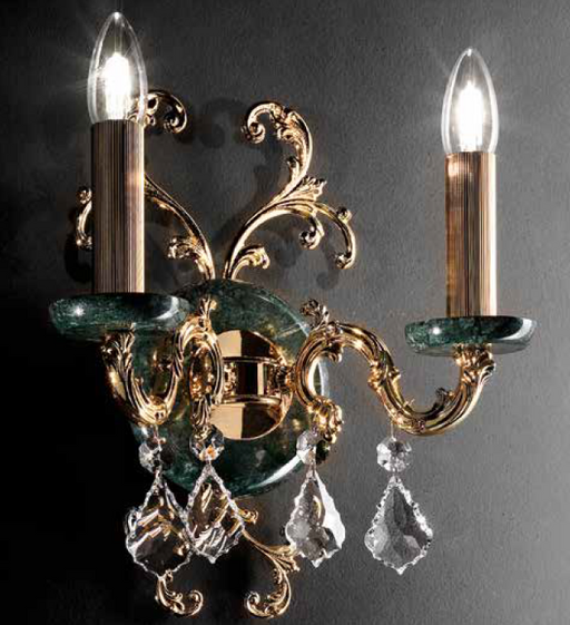 Fine gold or silver  Italian wall light with green or pink marble candle cups