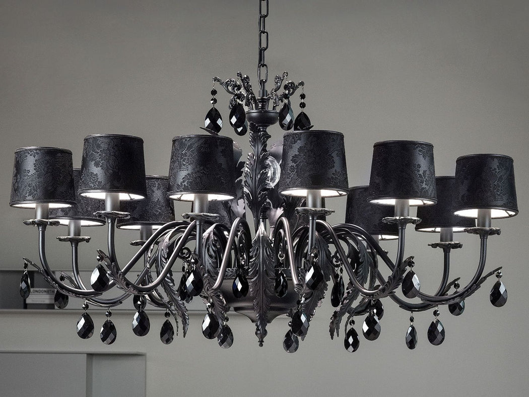 Elegant black or white leaf chandelier with 12 lights and cut glass pendants