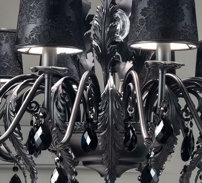 Elegant black or white leaf chandelier with 12 lights and cut glass pendants