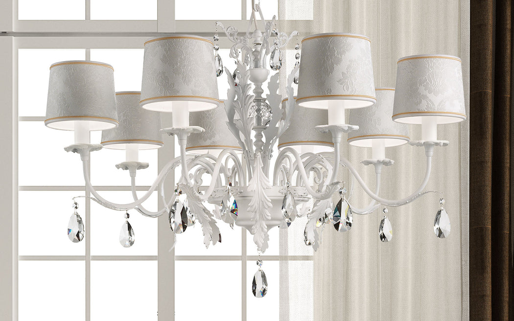 Stylish white or black leaf chandelier with Swarovski pendants and 8 lights