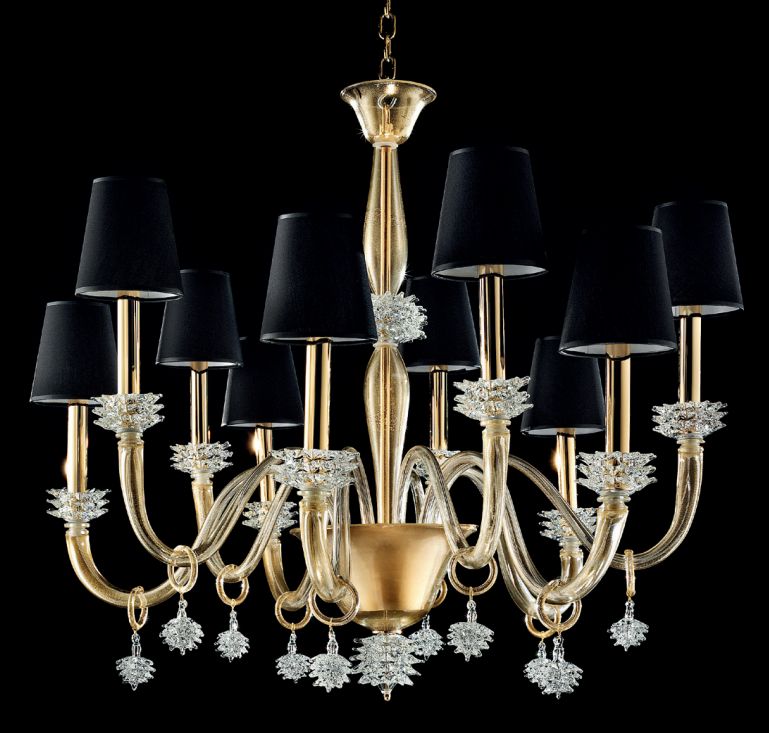 Exquisitely handcrafted 10 light Venetian chandelier with 24 carat gold
