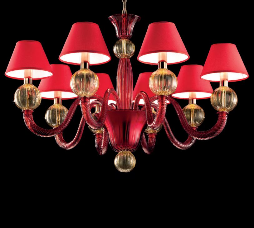 Hand-blown red and amber Venetian glass chandelier in three sizes