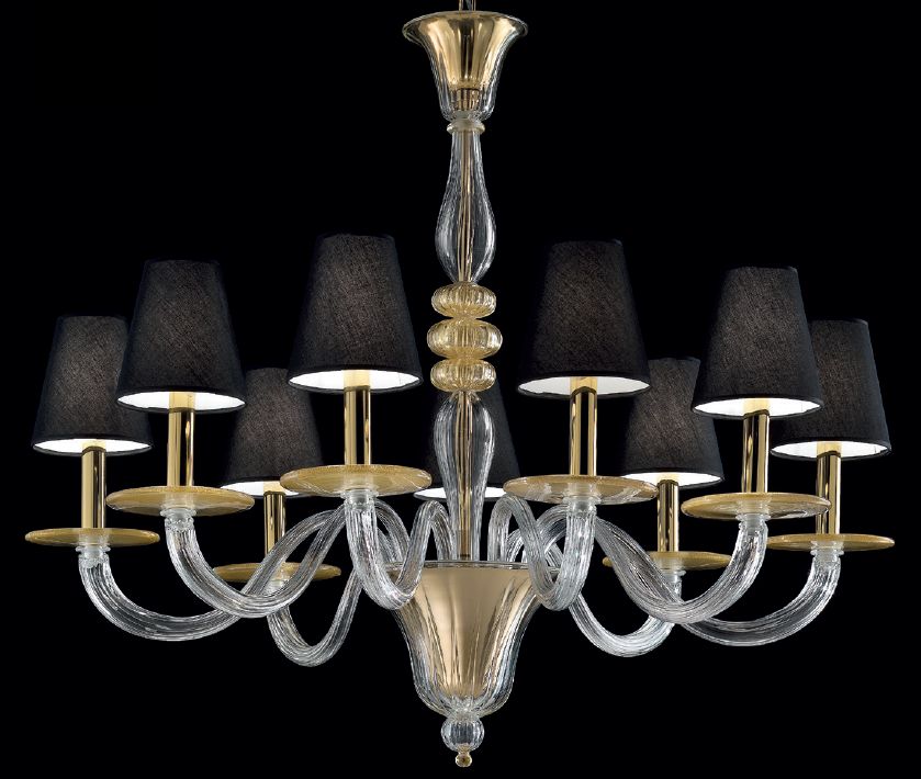 Elegant clear Venetian glass chandelier infused with flecks of gold