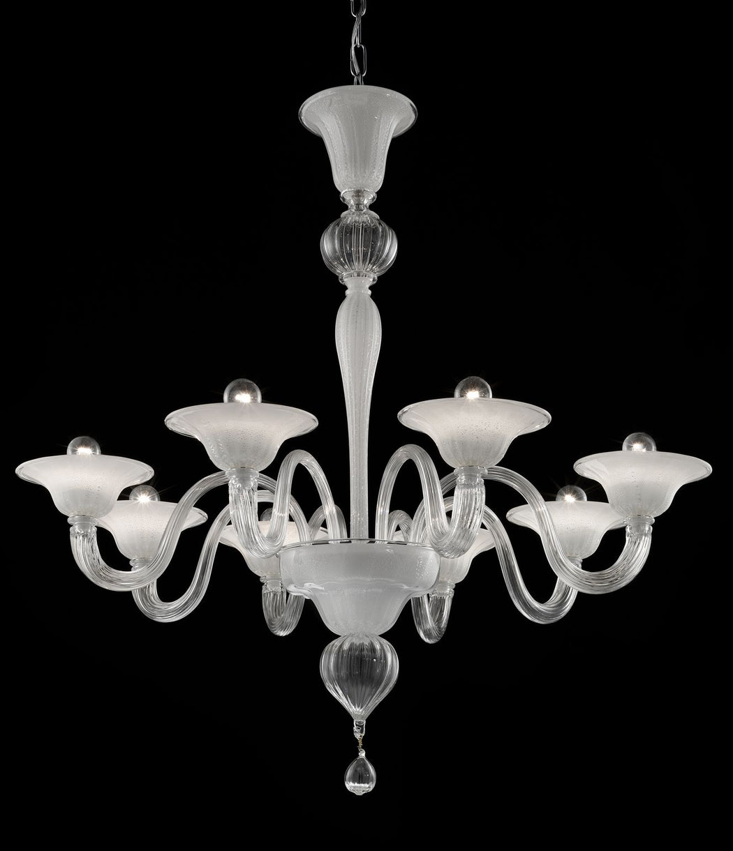 Elegant silvery white Venetian glass chandelier with tiny bubbles & 8 lights