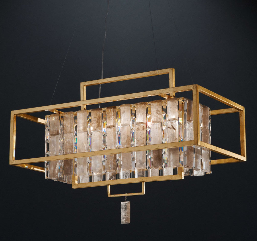 Modern industrial cage chandelier with rock crystal lozenges & bespoke metals