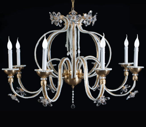 Decorative 6 light chandelier with white Murano glass beads