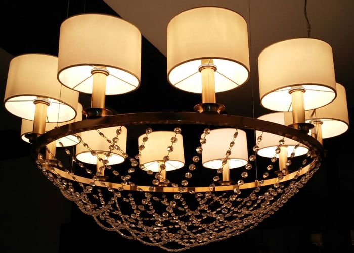 Modern basket chandelier with Italian crystals & 4 metal finishes