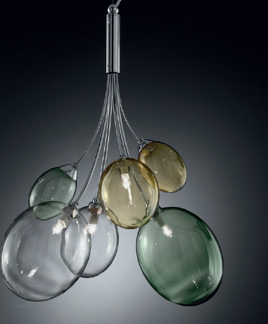 Modern Italian suspended ceiling light with green, yellow, and clear glass bubbles