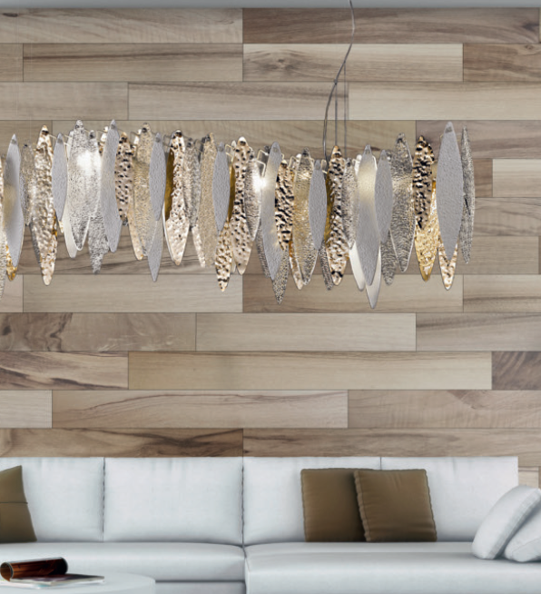 Modern white, gold & clear suspended light with Murano glass leaves