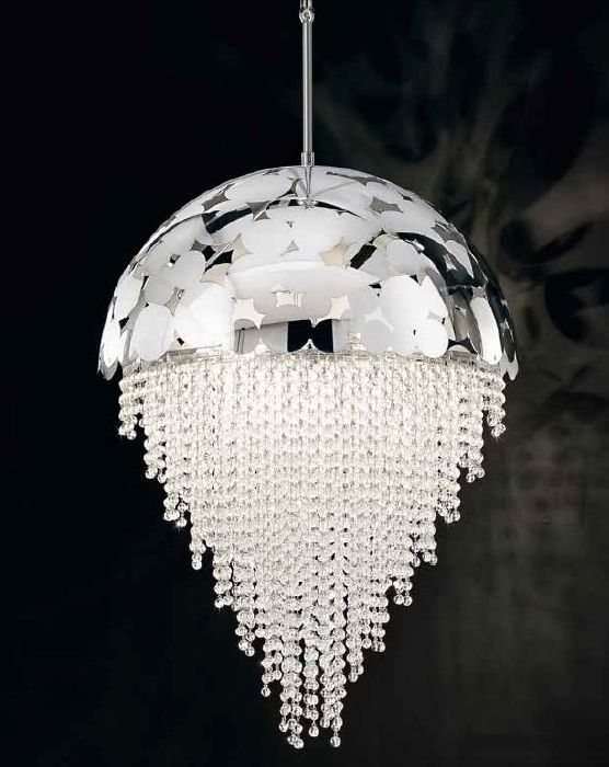Glamorous Italian chrome or gold metal bubble pendant light with crystals