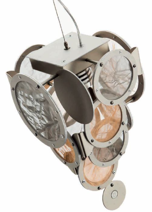 Modern rustic disc pendant ceiling light with custom metal finishes