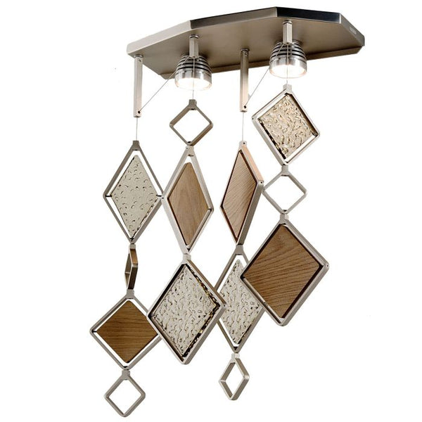 Customizable oak & Murano glass ceiling pendant with chrome frame