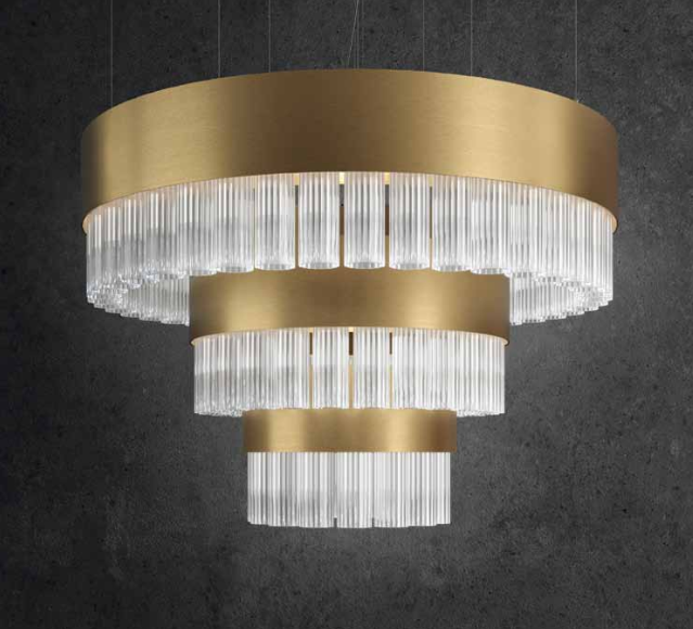 Spectacular modern ribbed Italian glass stairwell-style chandelier with 7 metal finishes