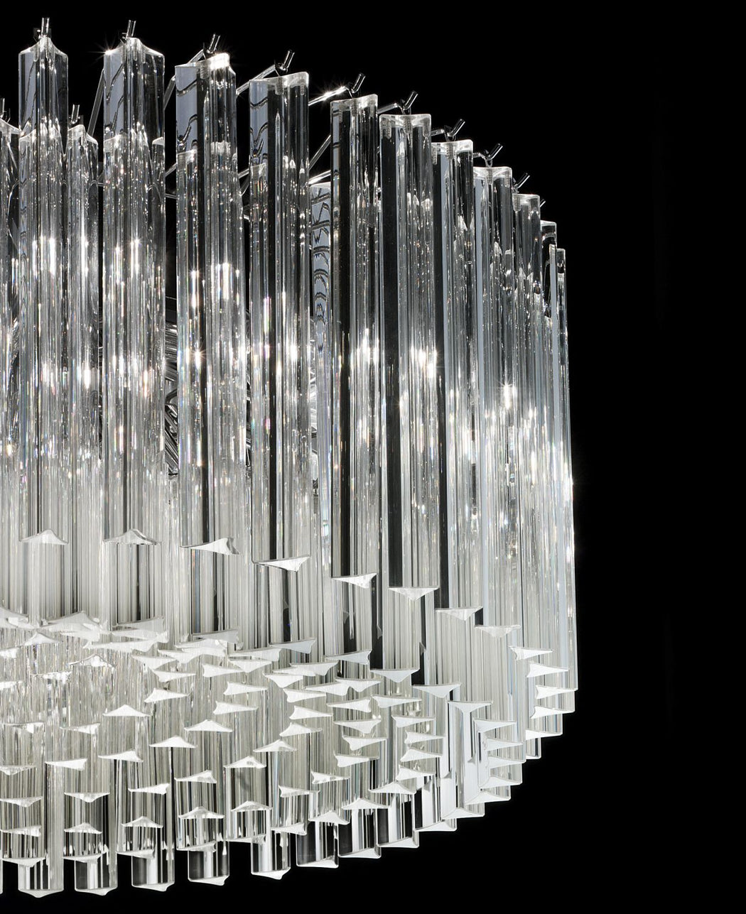 Mid century-style triedri prism drum chandelier in sizes with gold or chrome frame