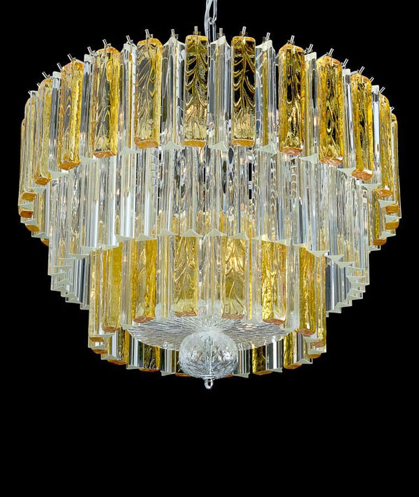 Beautiful large modern mid-century chandelier with clear and amber Venetian glass prisms