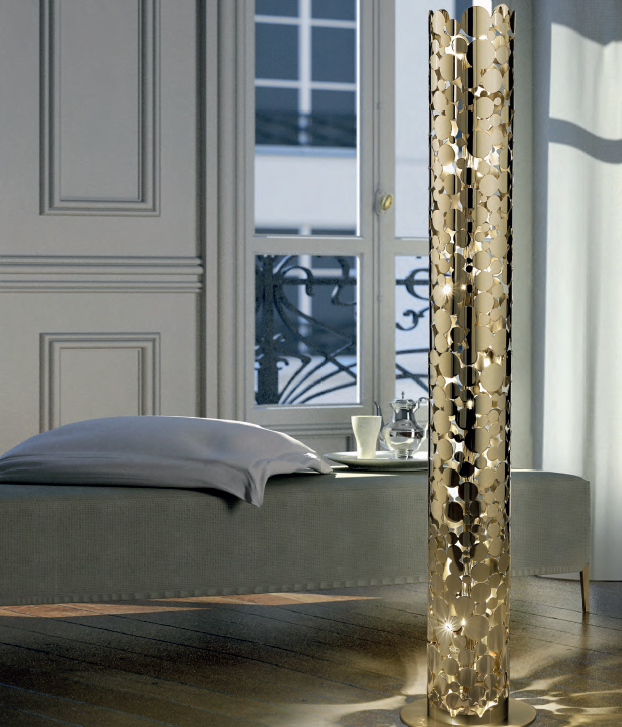 Imposing modern 2 metre tall Italian bubble floor light in gold or chrome metal
