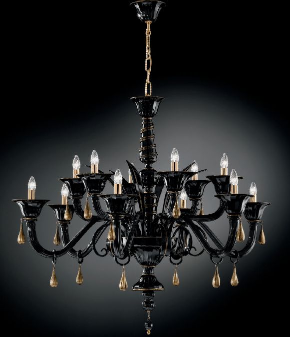 Modern clear, black or orange Murano glass centerpiece chandelier with 12 lights