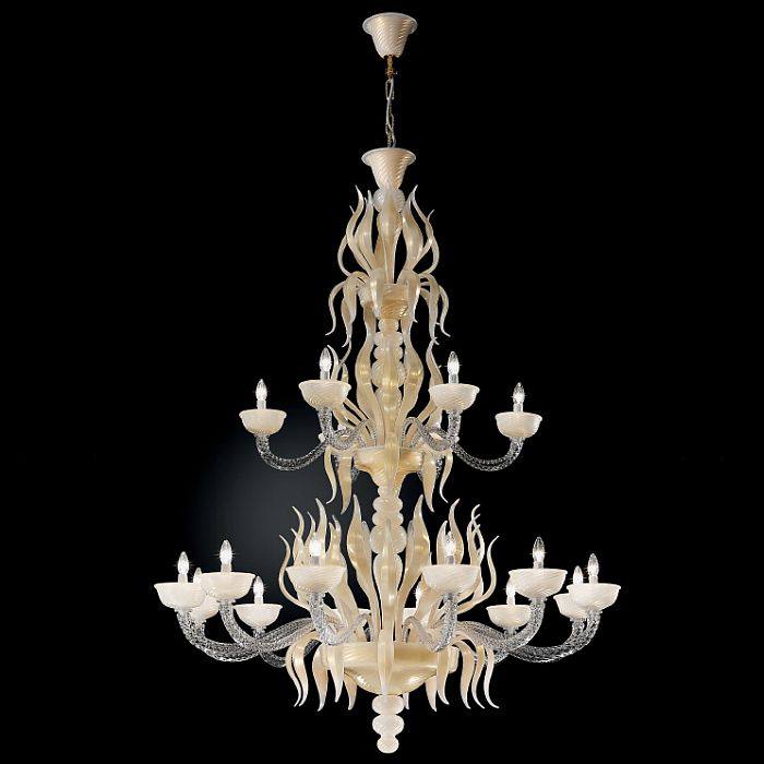 Large ivory and silk-colored Murano glass stairwell chandelier
