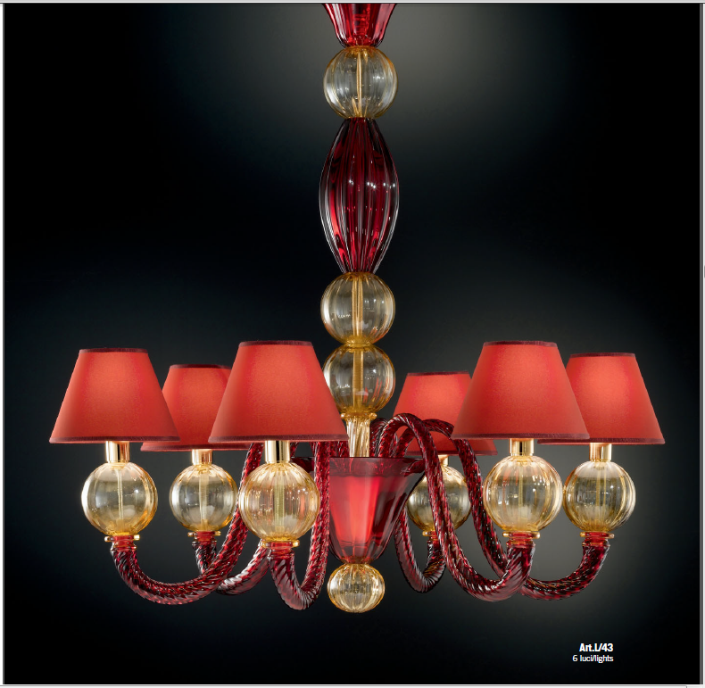 Classic Murano glass chandelier in 5 sizes with amber and red spheres