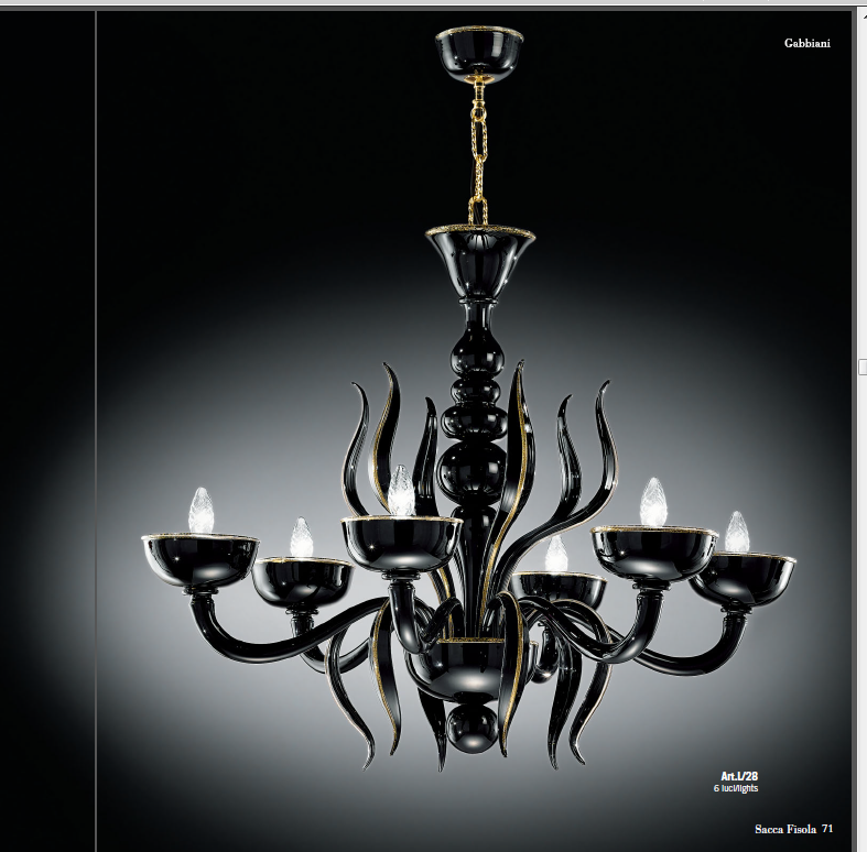 Dramatic modern black Murano glass chandelier in 6 sizes with fine gold detail