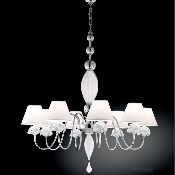 Modern  8 light Venetian chandelier with milky white Murano glass flowers and chrome frame