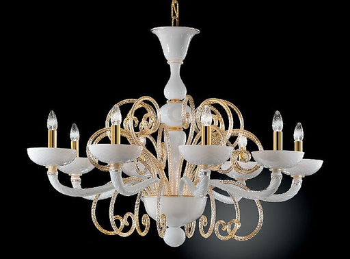 White Venetian glass chandelier with gold leaf curls and 6,8, or 18 lights