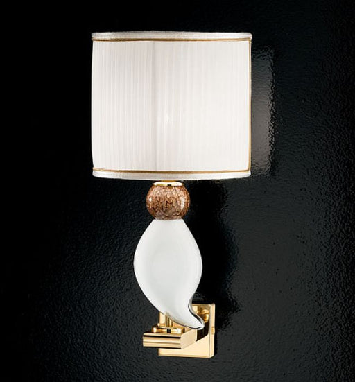 Stylized bird wall light in white Murano aventurine with a gold finish & white shade