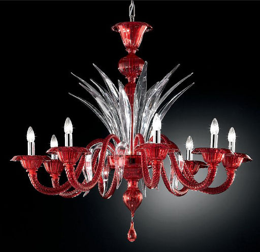 Modern red, black, or white Venetian glass chandelier with clear glass detail