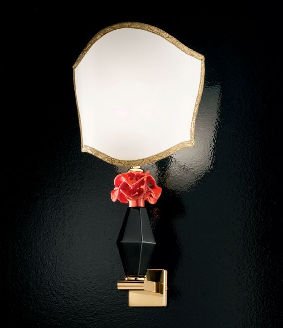 Black and coral red Murano glass wall light with flower detail and custom color option
