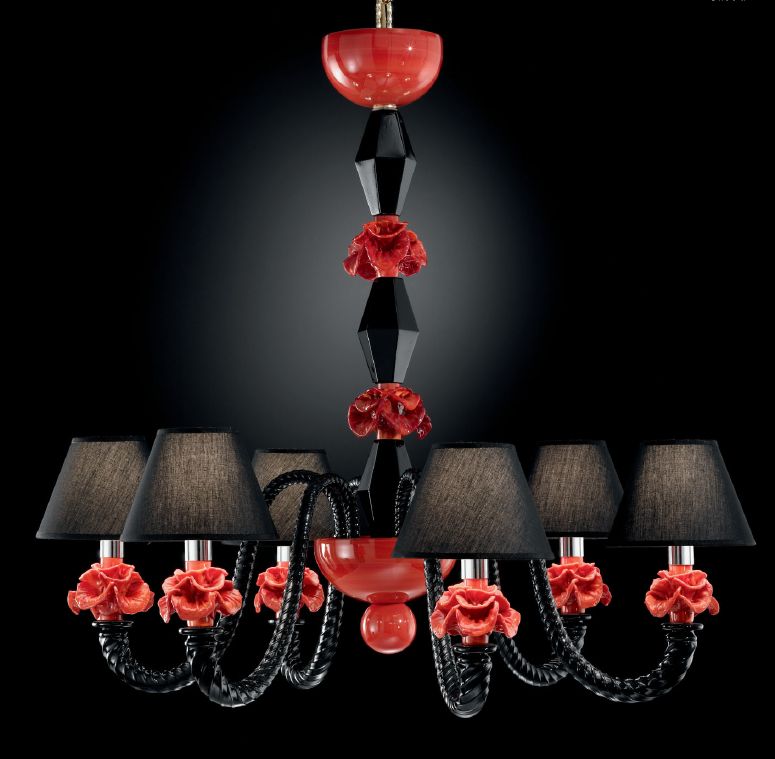Black and coral Murano glass flower chandelier with 6 lights and color options